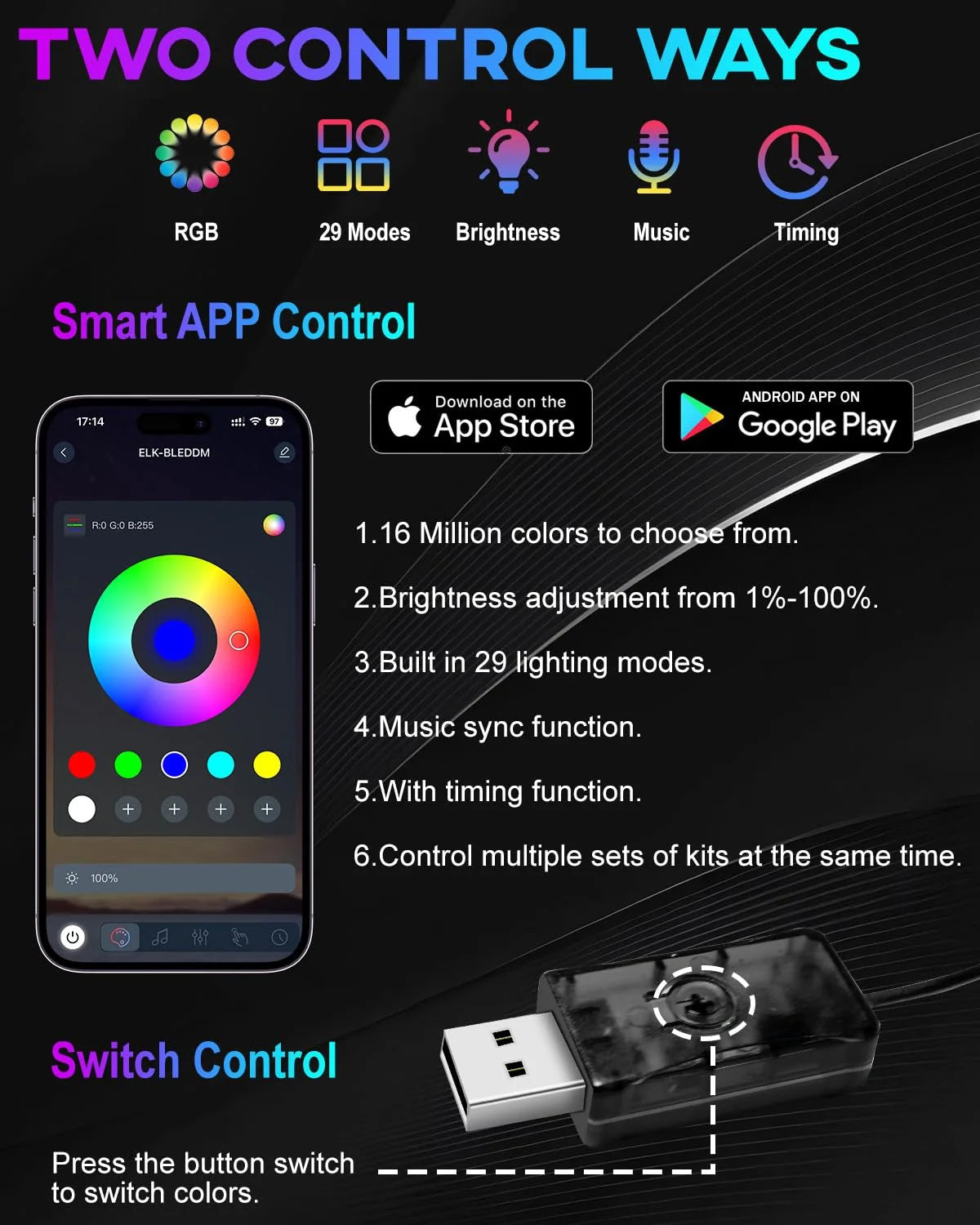 Interior Car LED Strip Lights, Ambient Lighting Car Kits with USB APP Bluetooth Control, Music Sync Fiber Optic Cars Interior Ne