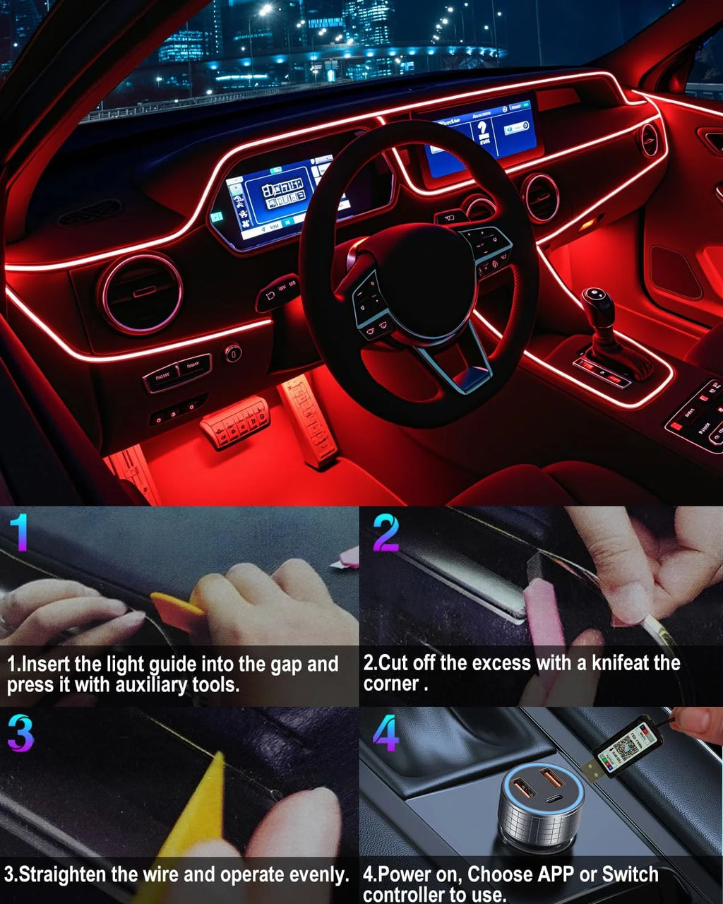 Interior Car LED Strip Lights, Ambient Lighting Car Kits with USB APP Bluetooth Control, Music Sync Fiber Optic Cars Interior Ne