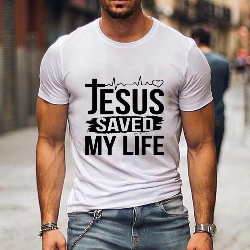 Jesus Saved My Life Letter Print T-shirt Men's Fashion Summer Comfortable Round Neck Shirt T-shirt