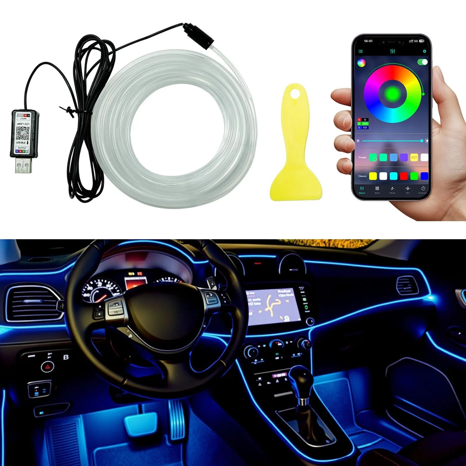 Interior Car LED Strip Lights, Ambient Lighting Car Kits with USB APP Bluetooth Control, Music Sync Fiber Optic Cars Interior Ne